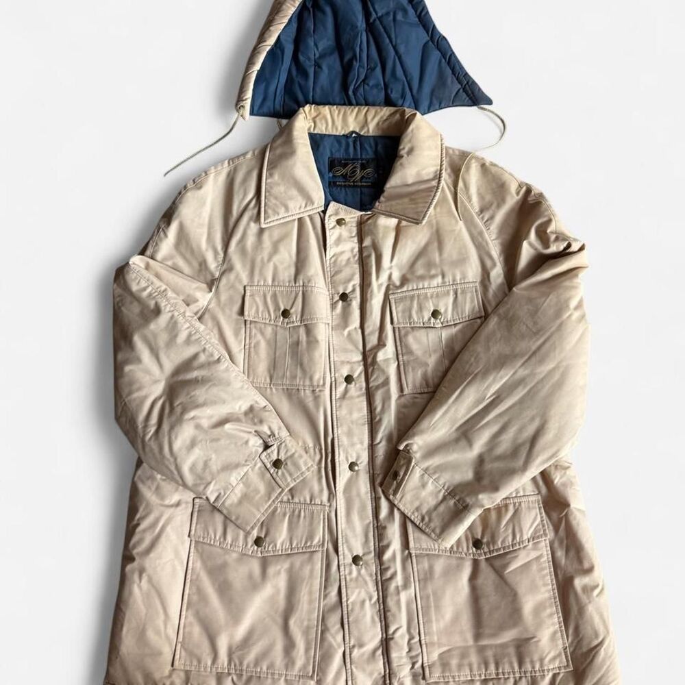 Vintage 70s Montgomery Ward tan & cream puffer jacket removable hood size XL‎